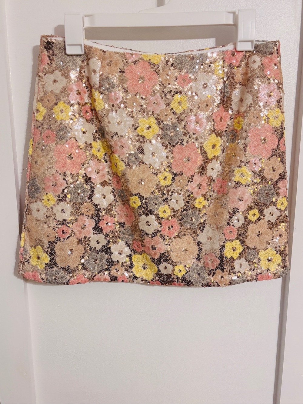 Sequin Floral Mini Skirt in Pastel Pink, Yellow & Cream